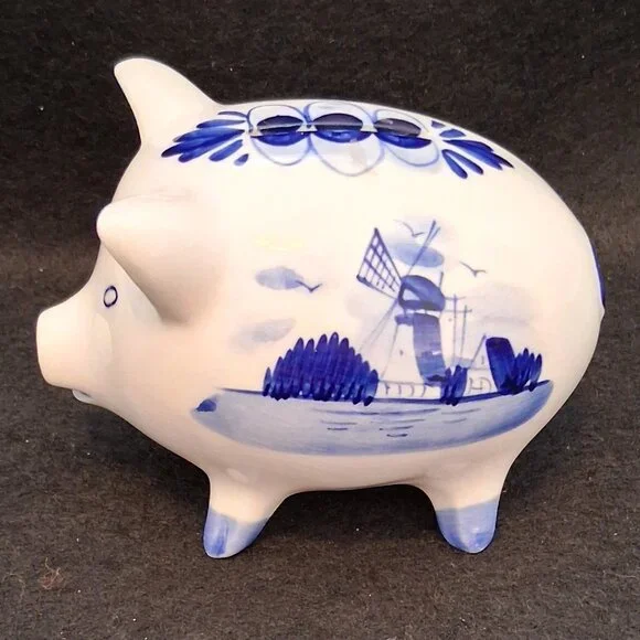 Vintage Hand Painted Delfts Blue Pottery Piggy Bank/Dutch Windmill Design/w+Cork - Picture 2 of 9